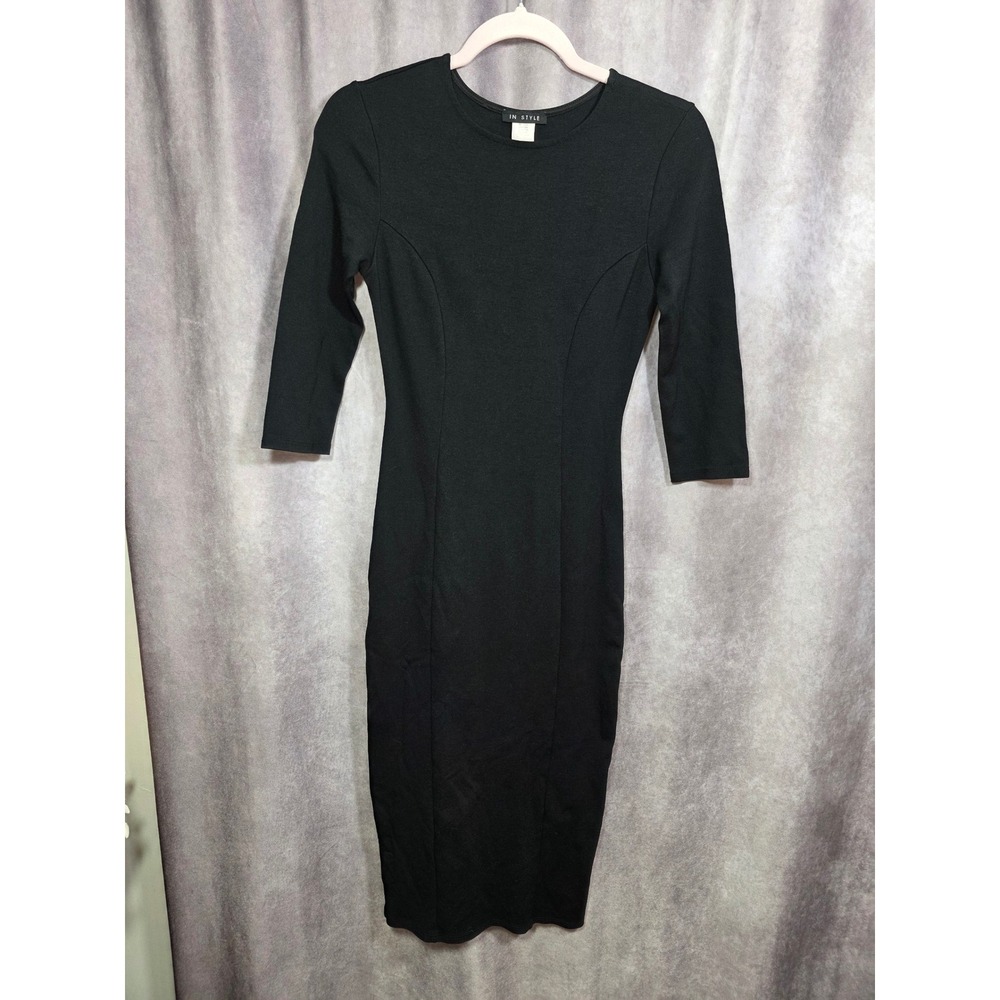 In Style Black Bodycon Midi Dress 3/4‎ Sleeve Sheath Princess Seams Small